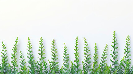 A long line of green plants with a white background. The plants are tall and thin, and they are all lined up next to each other. The image has a calming and peaceful mood