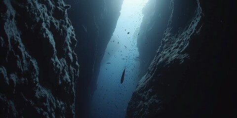 A Lone diving Fish Silent Descent Between Towering Underwater Cliffs in the Oceans Mystifying Depths, Generative AI - obrazy, fototapety, plakaty