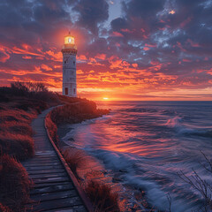 a lighthouse is on a cliff overlooking the ocean.