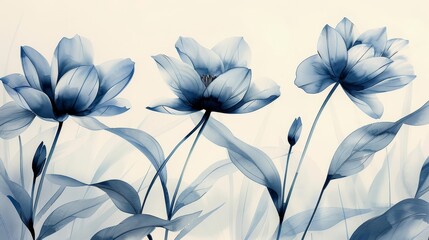 Fototapeta premium Blue flowers on white-blue background with black-white photo