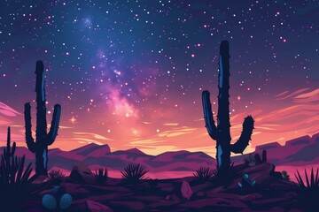 A starry night sky above a desert landscape in pop art, stylized cacti, bold Milky Way