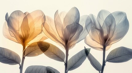   A detailed image of several leaves clustered on a stem, illuminated by sunlight filtering through them