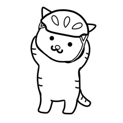 A line drawing of a cute cat facing the left front when going out and trying to wear a helmet.