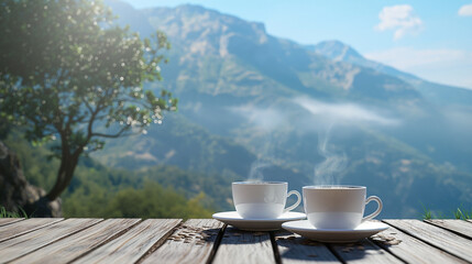 Hot coffee cups on a wooden table with mooring mountain background