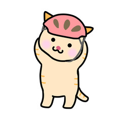 A cute cat is facing the left front when going out and trying to wear a red helmet.