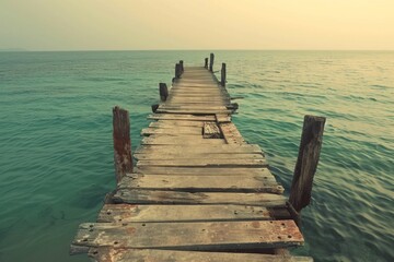 A weathered wooden pier extending into turquoise waters, disappearing into the hazy sunset