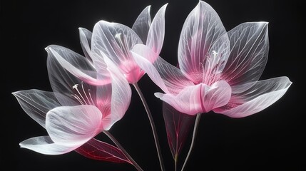   A few pink flowers rest on a black table beside a white vase containing pink blossoms