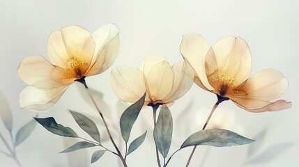   Three yellow flowers with green leaves on a white background and a blurry background of the flowers