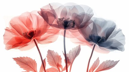   Close-up of three flowers on a white background with a red and blue flower centering the image