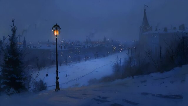 An expansive view of a snowy city punctuated by the occasional light from a lone lamppost creating a sense of peaceful stillness.