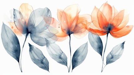   Orange and blue flowers on white background with black and white line drawing of petals