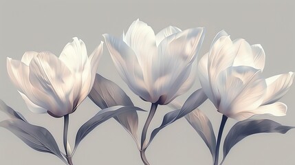   A cluster of white blossoms resting atop a gray platform against a soft gray backdrop