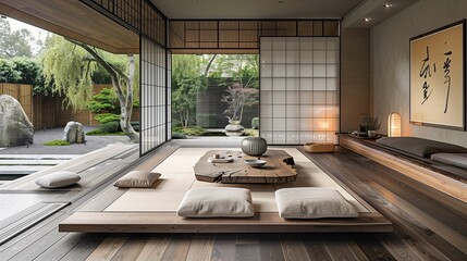 Traditional Japanese Tea Room with Garden View