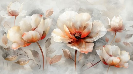   Three white-orange flowers on gray-white background with red center