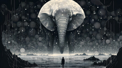 elephant streaks through a moonlit sea under a vast, starry sky - obrazy, fototapety, plakaty