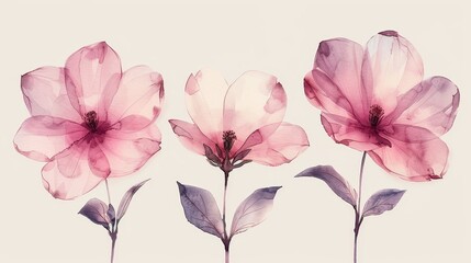   Three pink flowers atop a white table, adjacent to a pink-filled vase