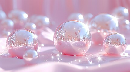   A group of sparkling glass orbs resting atop a white table with pink-white snowfall - obrazy, fototapety, plakaty