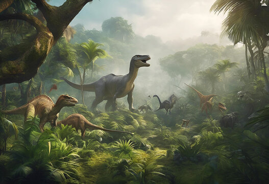 Dinosaurs roam amidst lush greenery and flowing rivers, alongside a variety of wildlife such as birds, fish, and exotic creatures