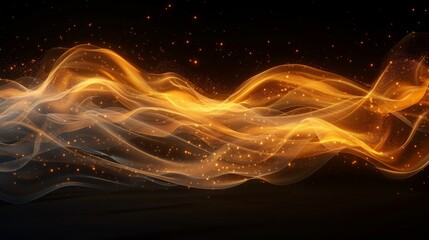  Orange-yellow light waves on black canvas with starry sky backdrop