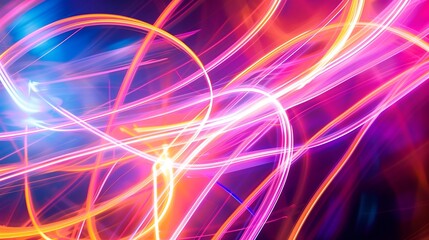 Abstract pattern of neon light streaks with lens flare effect against a black background