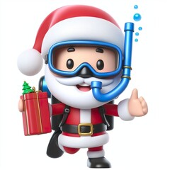Cute character 3D image of a Santa playing Scuba diving, funny, happy, smile, white background