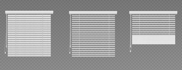 Venetian window curtain. Blind jalousie shutter isolated. White roller 3d mockup for home interior. Closed and open office plastic louver design set. Detail frame for sunshade with strings collection.