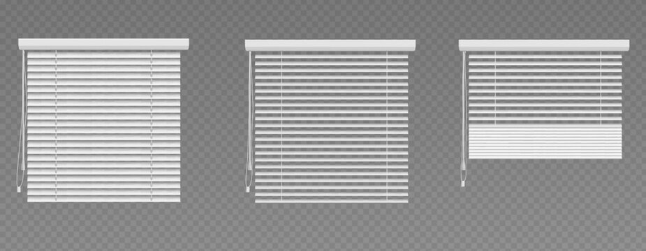 Venetian window curtain. Blind jalousie shutter isolated. White roller 3d mockup for home interior. Closed and open office plastic louver design set. Detail frame for sunshade with strings collection.