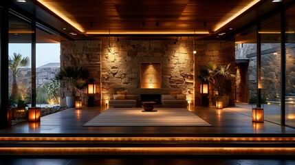 Modern Luxury Living Room Interior with Stone Wall and Warm Lighting - obrazy, fototapety, plakaty