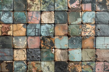 Mosaic tile pattern, muted colors, chipped and weathered effect