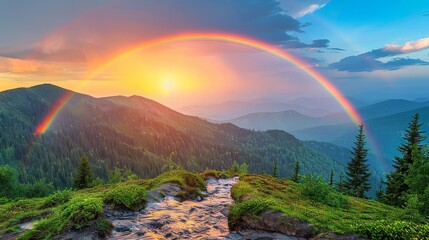   A rainbow arcs over a mountain, with a stream winding through the foreground, and a forest stretching out in the backdrop - obrazy, fototapety, plakaty