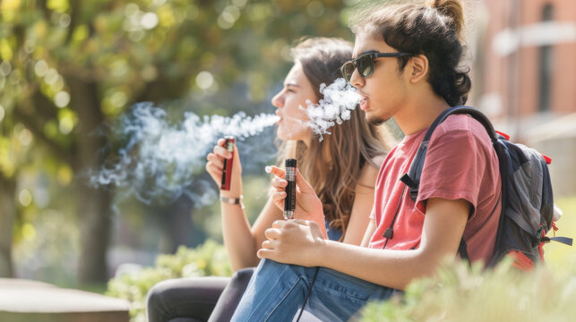 Two college students vaping on campus