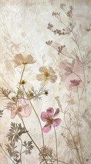 Pressed flower texture, delicate botanical details, faded vintage feel