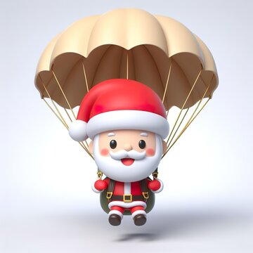 Cute character 3D image of a Santa parachuting , funny, happy, smile, white background
