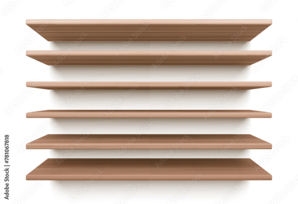 Poster empty wood wall shelf for book isolated vector. 3d wooden bookshelf for library. product rack or tab