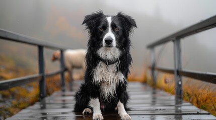   A black-and-white dog sits on a rain-soaked bridge against a background of grazing sheep