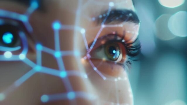 A closeup of a persons face being scanned for facial recognition before being granted access to their health records.