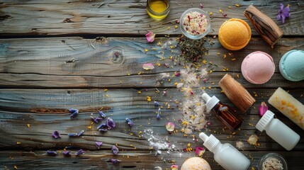 Top-view shot of a rustic wooden table with bath bombs, essential oil bottles, a loofah sponge, and a scattering of dried flower petals