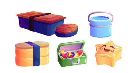 Close and open lunchbox for school or office dinner. Cartoon vector illustration set of plastic different shape box for food for lunch break. Childish eco bento package. Container for meal.