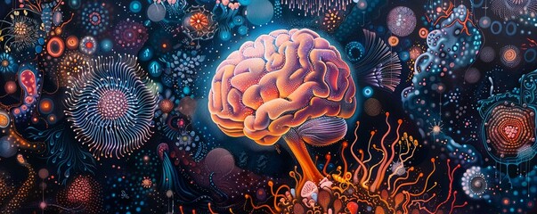 Craft an eye-catching illustration featuring a central glowing brain surrounded by intricate patterns and symbols reflecting the enigmatic nature of consciousness theories use a vibrant color palette  - obrazy, fototapety, plakaty