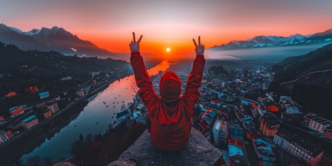 Triumphant at Dusk: Celebrating Over a Breathtaking Urban Sunset with a Dual Victory Gesture from...