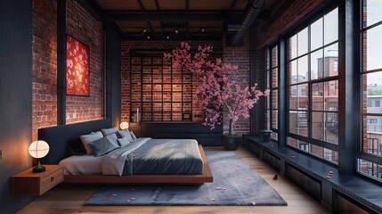 Modern Bedroom with Cherry Blossom Decor and City View