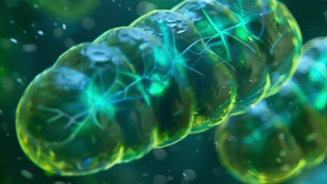 A closeup of a plant cells mitochondria the powerhouse of the cell that produces energy. The image reveals the elongated shape and . AI generation.