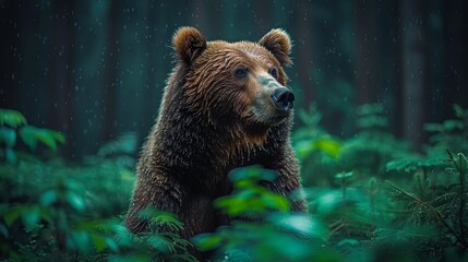 Fototapeta premium A brown bear, wet from rain, stands in a forest - raindrops cascade down its face and head