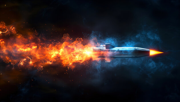 High-speed bullet with fiery tail and smoke trail on dark background.