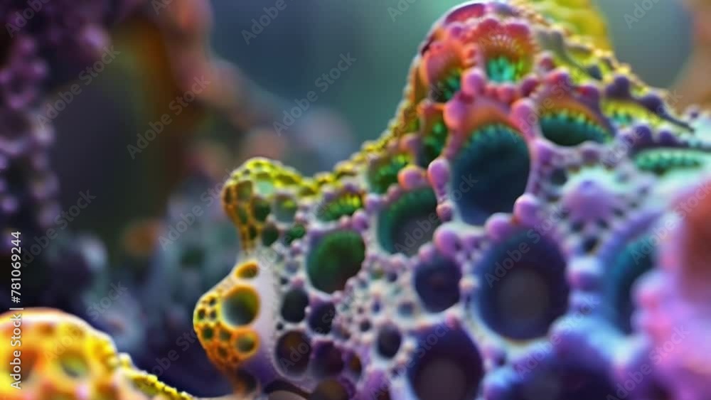 Poster a colorful 3d rendering of a moss spore structure with its bulbous and latticed body resembling a fa