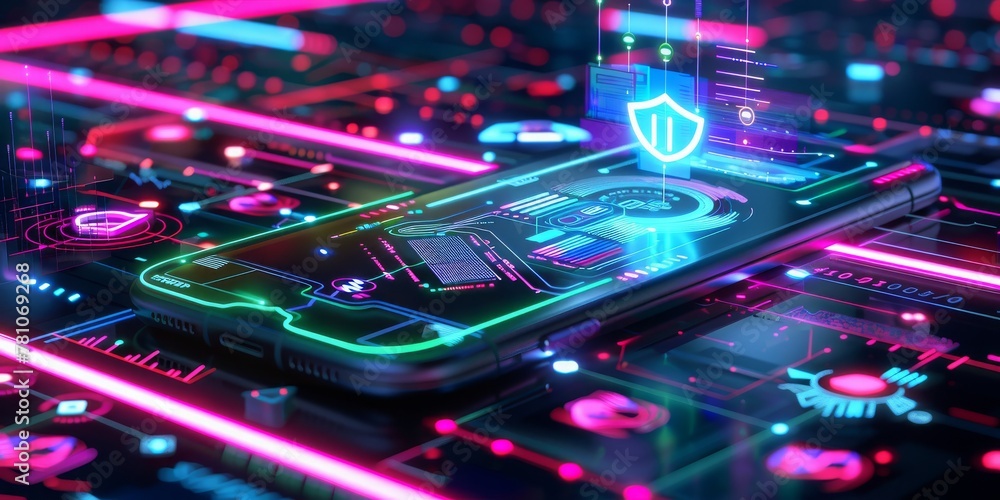 Aufkleber Securing the Digital Frontier: A Smartphone Embodying Advanced Security Measures Against a High-Tech Circuitry Background, Generative AI