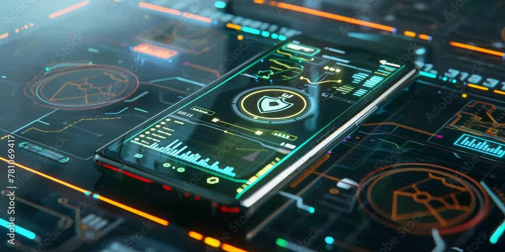 Poster Securing the Digital Frontier: A Smartphone Embodying Advanced Security Measures Against a High-Tech Circuitry Background, Generative AI