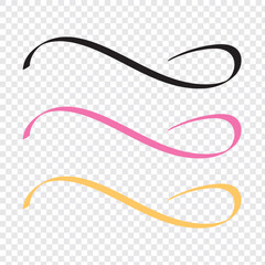 Swirly line doodle. Swoosh and swash, swish vector line icon, black underline set, hand drawn swirl and curly text elements isolated on white background. Doodle retro collection, used in web in eps10.