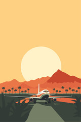 Fototapeta na wymiar Vector retro style poster with airplane or jet on a runway among mountains at sunset or sunrise, vintage style image