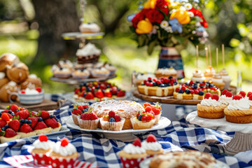 4th of July picnic spread with pastries and fruit, outdoors in a sunny park setting